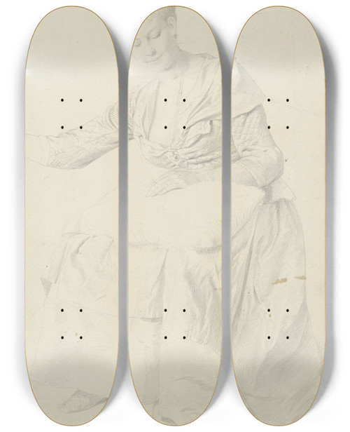 Triptych art skateboard deck of Eugen Klimsch Sitzende Junge Mutter Mit Einem Kissen Auf Dem Scho by Eugen Klimsch (1839-1896)