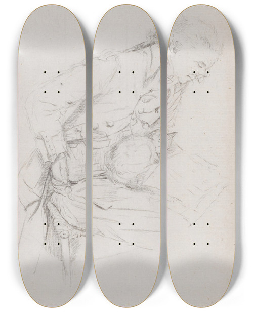 Triptych art skateboard deck of Gabriel Jacques De Saintaubin Study Of A Seated Man Reading With A Cat On His Lap by Gabriel Jacques de Saint-Aubin (1724-1780)