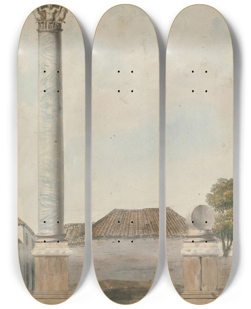 Triptych art skateboard deck of Willey Reveley The Columns Of Augustus At Brundisium by Willey Reveley (1760-1799)