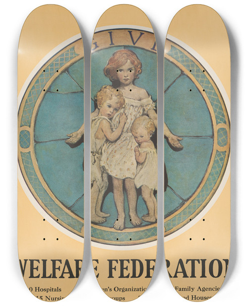 Triptych art skateboard deck of Jessie Willcox Smith Give Welfare Federation by Jessie Willcox Smith (1863-1935)