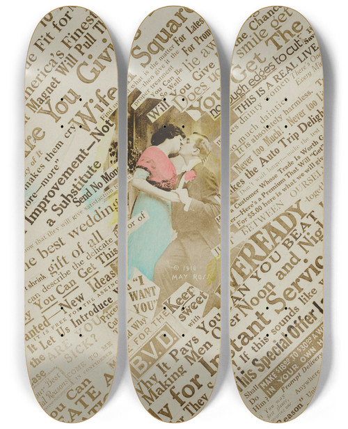 Triptych art skateboard deck of Photo Roto Inc Composition With A Photo Of A Kissing Couple by Photo Roto Inc