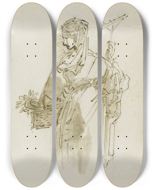 Triptych art skateboard deck of Giuseppe Bernardino Bison Study Figure For A Peasant Woman Holding A Basket And Rake by Giuseppe Bernardino Bison (1762-1844)