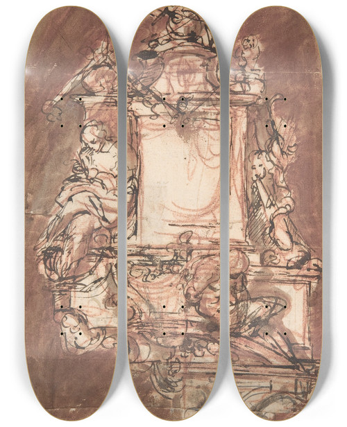 Triptych art skateboard deck of Pieter Verbruggen The Younger Design For A Sepulchral Monument_4 by Pieter Verbruggen The Younger (1648-1691)