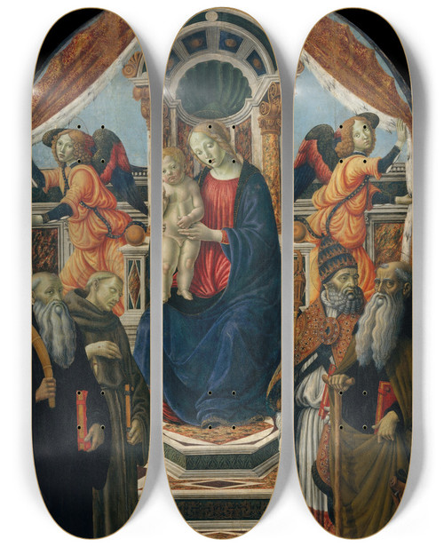 Triptych art skateboard deck of Francesco Botticini Madonna And Child Enthroned With Saints And Angels by Francesco Botticini (1446-1498)