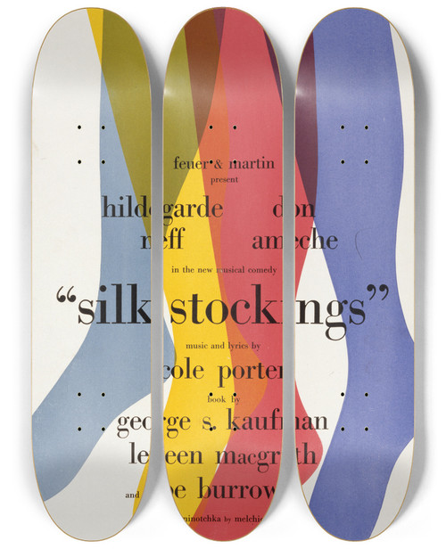 Triptych art skateboard deck of Artcraft Lithograph Silk Stockings by Artcraft Lithograph (1905-1970)