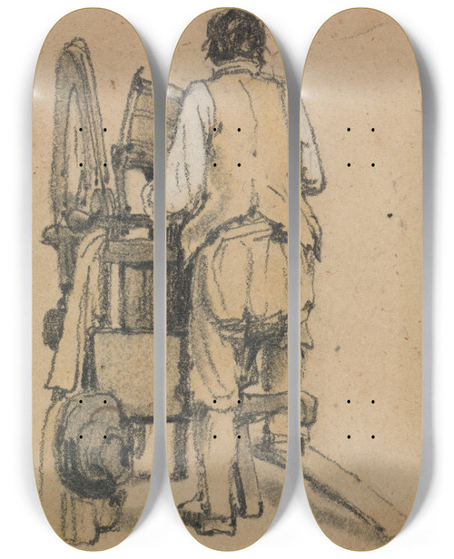 Triptych art skateboard deck of Samuel Prout A Laborer Seen From Behind Operating A Machine by Samuel Prout (1783-1852)