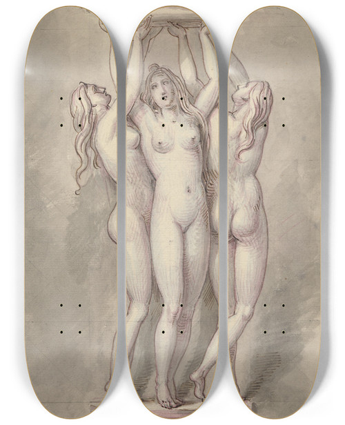Triptych art skateboard deck of David Humbert De Superville Ornament Van De Drie Gratieen Met Schaal Op Een Console by David Humbert De Superville (1770-1849)
