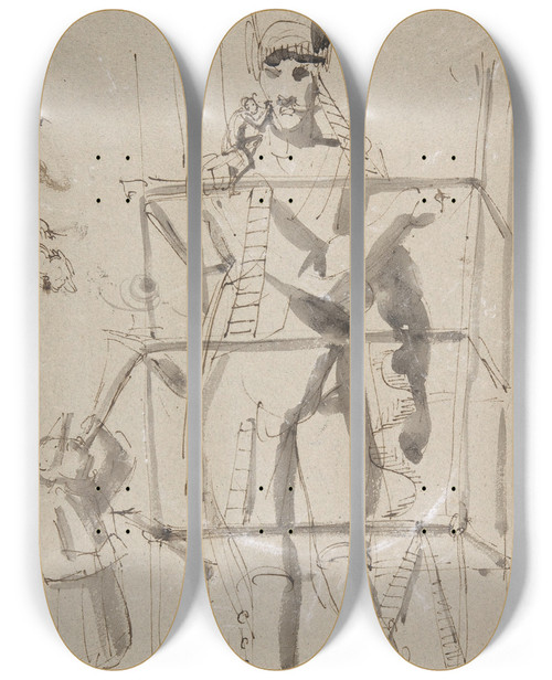 Triptych art skateboard deck of Carl August Ehrensvrd Sculptor At Work On A Colossal Statue by Carl August Ehrensvard (1745-1800)