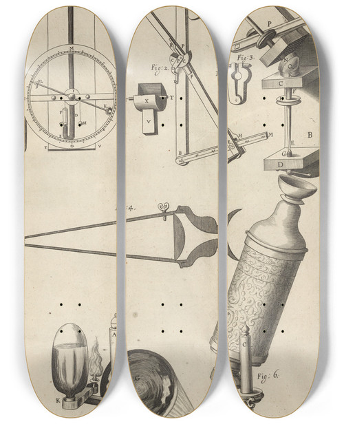 Triptych art skateboard deck of Robert Hooke Diagrams Of Microscope And Assorted Optical Instruments And Devices by Robert Hooke (1635-1703)