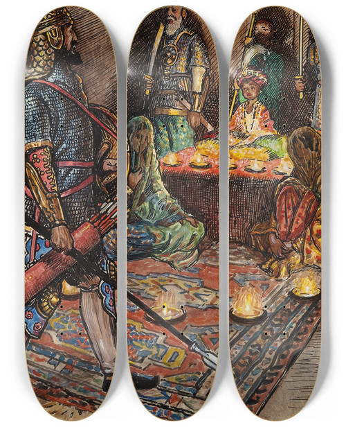 Triptych art skateboard deck of Byam Shaw Old Faithful As The Two Supporters Stood Bolt Upright With Drawn Swords One On Either Side by Byam Shaw (1872-1919)