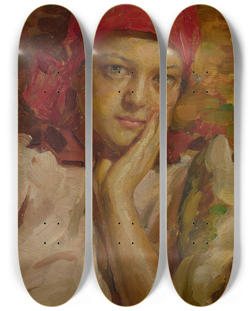 Triptych art skateboard deck of Nicholas B Haritonoff Portrait Of A Girl In A Red Scarf by Nicholas B Haritonoff (1880-1944)