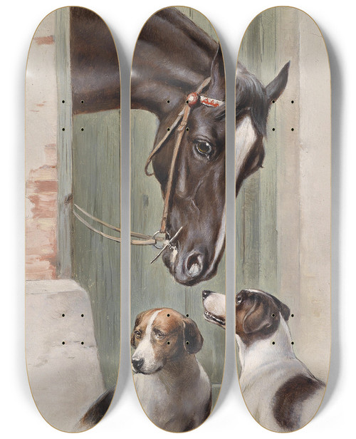 Triptych art skateboard deck of Carl Reichert Besuch Im Pferdestall by Carl Reichert (1836-1918)
