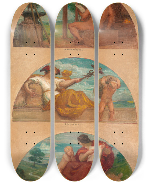 Triptych art skateboard deck of Kenyon Cox The Progress Of Civilization The Forge Commerce And Education Mural Study State Capitol Des Moines Iowa by Kenyon Cox (1856-1919)