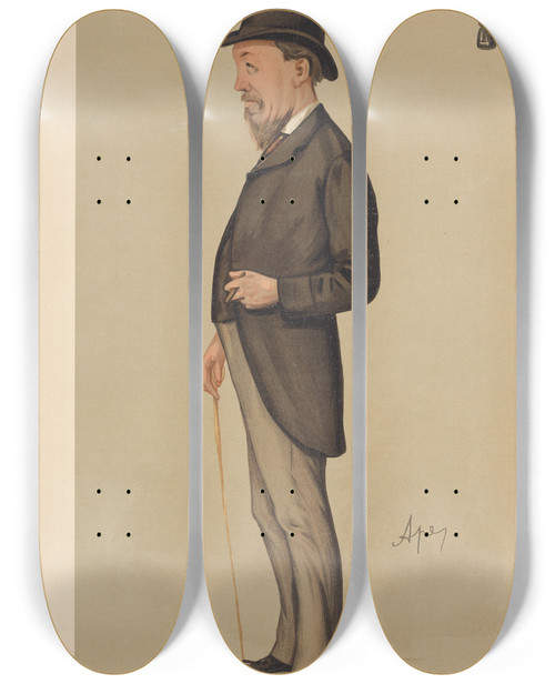 Triptych art skateboard deck of Carlo Pellegrini Sports Miscellaneous Chess Chess Mr J H Blackburne June 2 1888_1 by Carlo Pellegrini (1839-1889)