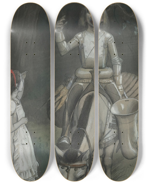 Triptych art skateboard deck of Peter Newell With A Faint Smile Lighting Up His Gentle Foolish Face He Began by Peter Newell (1862-1924)