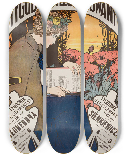 Triptych art skateboard deck of Ephraim Moshe Lilien Tygodnik Illustrowany by Ephraim Moses Lilien (1874-1925)