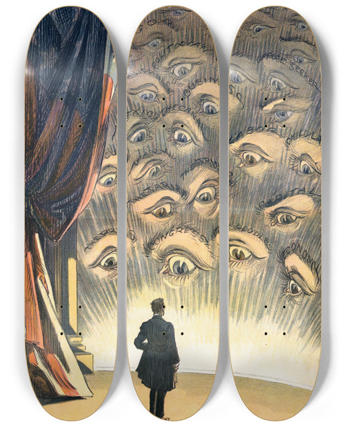 Triptych art skateboard deck of Udo Keppler All Eyes Are On You Mr President by Udo Keppler (1872-1956)