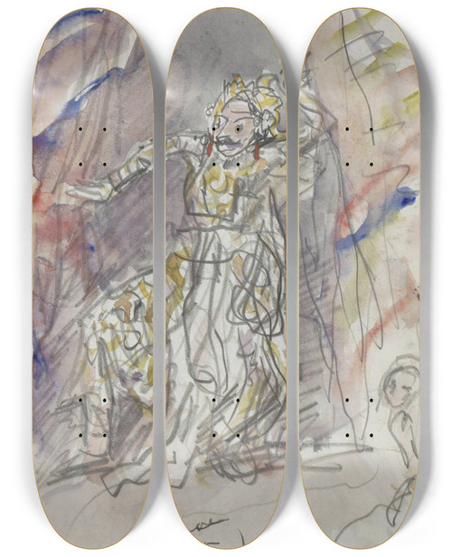 Triptych art skateboard deck of Marius Bauer Danser In Traditioneel Indonesisch Kostuum Met Masker by Marius Bauer (1867-1932)