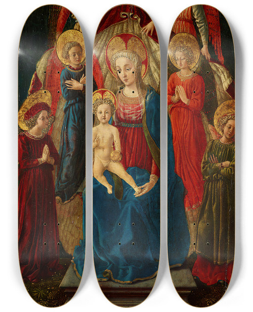 Triptych art skateboard deck of Master Of Pratovecchio Virgin And Child Enthroned With God The Father And Six Angels by Master Of Pratovecchio (1435-1455)
