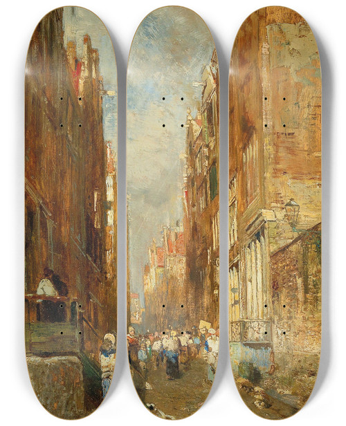 Triptych art skateboard deck of Emil Jakob Schindler A Street In The Amsterdam Jewish Quarter by Emil Jakob Schindler (1842-1892)