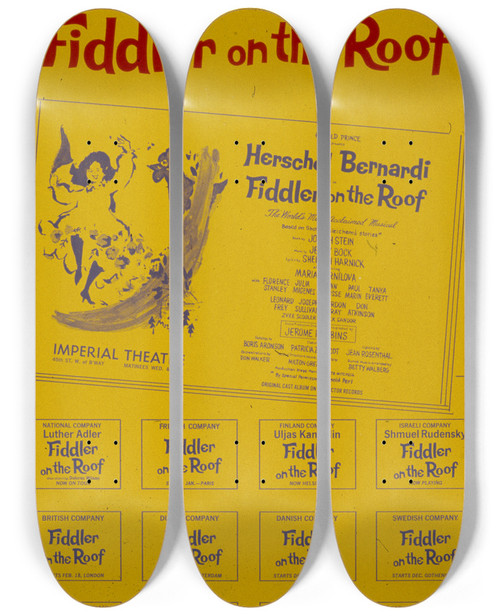 Triptych art skateboard deck of Artcraft Lithograph Fiddler On The Roof by Artcraft Lithograph (1905-1970)