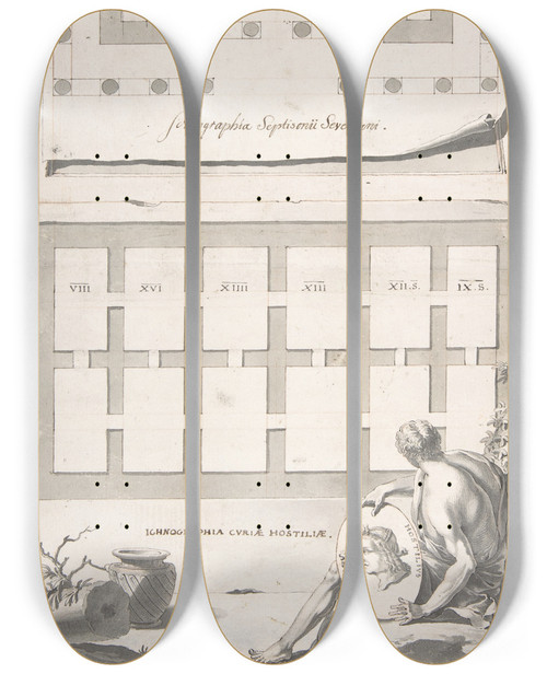 Triptych art skateboard deck of Jan Goeree Ichnographia Or Groundplan Of The Arch Of Septimius Severus Above And The Curia Hostilia Below by Jan Goeree (1670-1731)