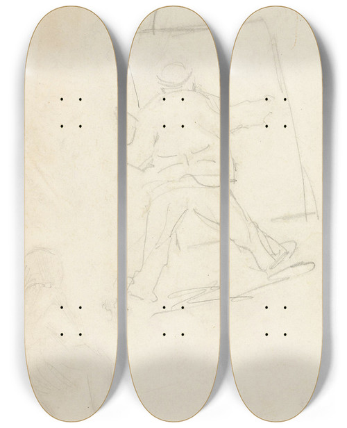 Triptych art skateboard deck of Gustav Wentzel Painter At Easel Probably A Caricature Of Frits Thaulow by Gustav Wentzel (1859-1927)