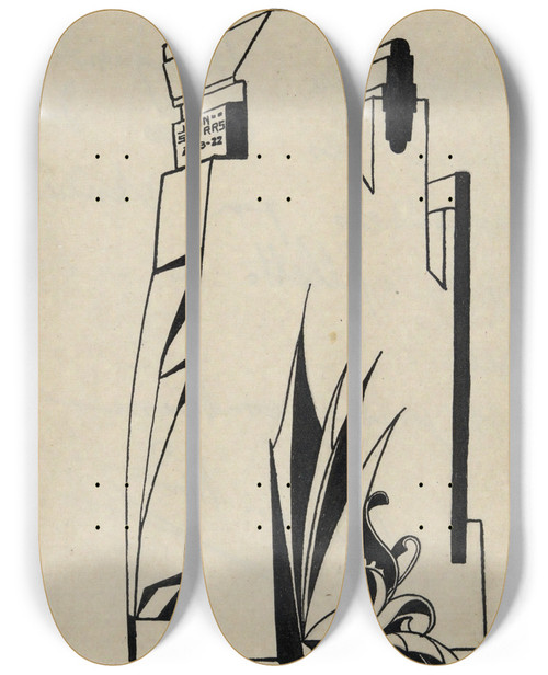 Triptych art skateboard deck of John Henry Bradley Storrs Study For A Metalsculpture by John Henry Bradley Storrs (1885-1956)