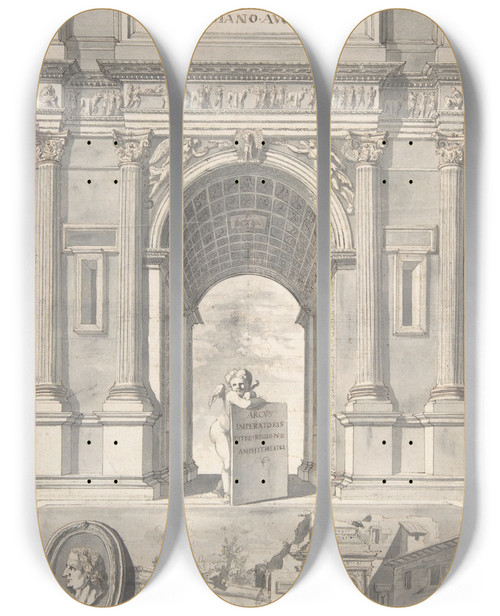 Triptych art skateboard deck of Jan Goeree A Reconstruction Of The Arch Of Titus Above And A View Of The Ruins Below by Jan Goeree (1670-1731)