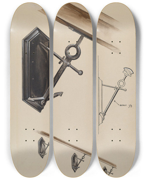 Triptych art skateboard deck of James Mclellan Wrought Iron Banister Bracket by James Mclellan
