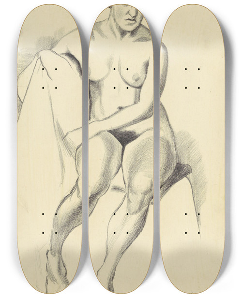 Triptych art skateboard deck of Karl Wiener Weiblicher Akt Iv by Karl Wiener (1901-1949)
