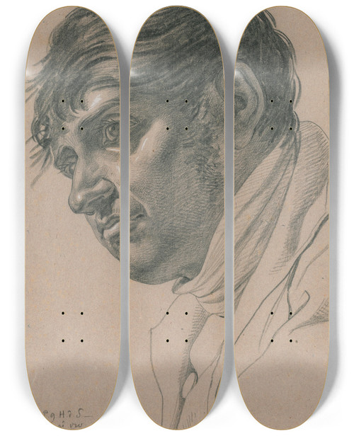 Triptych art skateboard deck of David Humbert De Superville Kop Ve Man Naar Links Gewend En Van Onderaf Gezien by David Humbert De Superville (1770-1849)