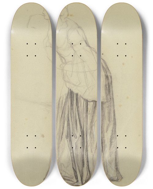 Triptych art skateboard deck of Victor Mller Stehende Frau Als Gewandfigur Aus Ritter Hartmut Von Kronberg Bei Dem Reformator Oecolampadius In Basel by Victor Muller (1829-1871)