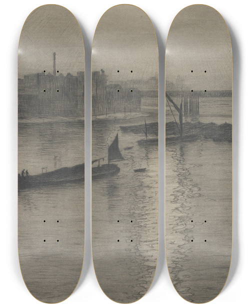 Triptych art skateboard deck of Christopher R W Nevinson From Waterloo Bridgesun Bursting Through Fog by Christopher R W Nevinson (1889-1946)