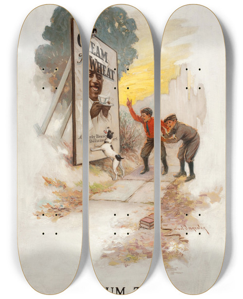 Triptych art skateboard deck of Edward Vincent Brewer Sicum Tige Cream Of Wheat Ad Illustration by Edward Vincent Brewer (1883-1971)