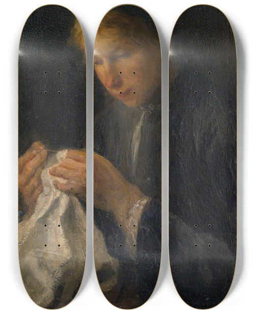 Triptych art skateboard deck of Jozef Israls Woman Sewing by Jozef Israels (1824-1911)