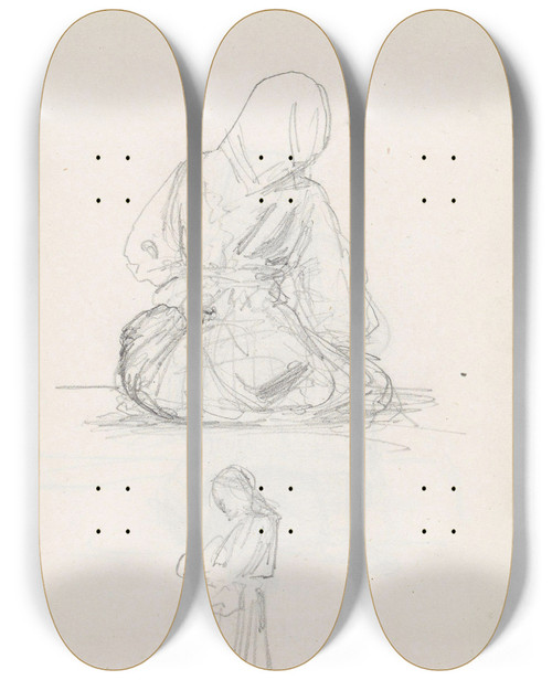 Triptych art skateboard deck of Adolph Tidemand Two Studies Of Women by Adolph Tidemand (1814-1876)