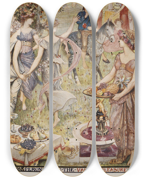 Triptych art skateboard deck of Henry Justice Ford Peronnik In The Vale Of Pleasure by Henry Justice Ford (1860-1941)