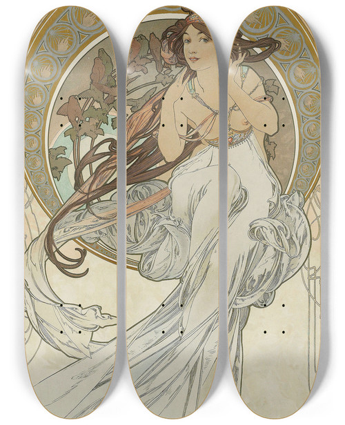 Triptych art skateboard deck of Alphonse Mucha The Arts 1 by Alphonse Mucha (1860-1939)
