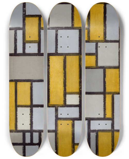 Triptych art skateboard deck of Piet Mondrian Composition With Grid 1 by Piet Mondrian (1872-1944)