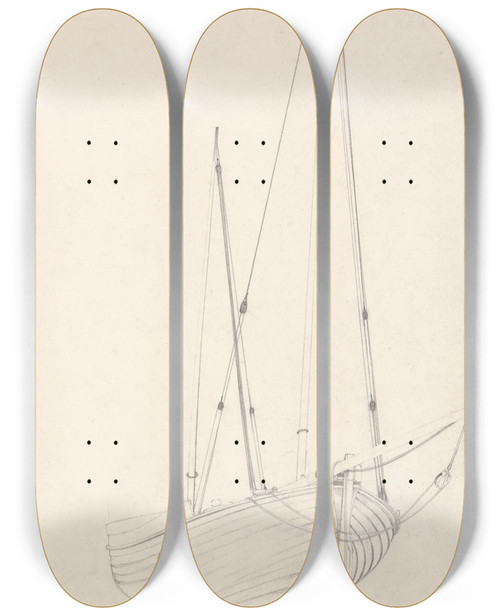 Triptych art skateboard deck of Cornelius Varley Front View Of A Vessel With Masts by Cornelius Varley (1781-1873)