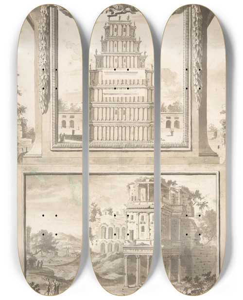 Triptych art skateboard deck of Jan Goeree Reconstruction Of The Monument To Septimius Severus Above View Of The Ruins Below by Jan Goeree (1670-1731)
