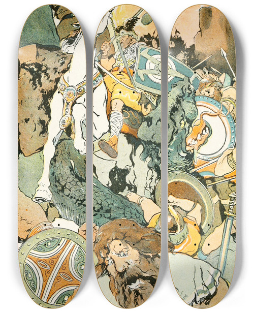 Triptych art skateboard deck of George Hand Wright Then The Awfl Fight Began by George Hand Wright (1872-1951) Triptych art skateboard deck of George Hand Wright Then The Awfl Fight Began by George Hand Wright (1872-1951)