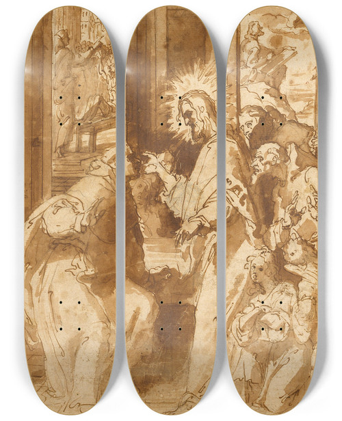 Triptych art skateboard deck of Francisco Ribalta Apparition Of Christ To Saint Vincent Ferrer by Francisco Ribalta (1565-1628)
