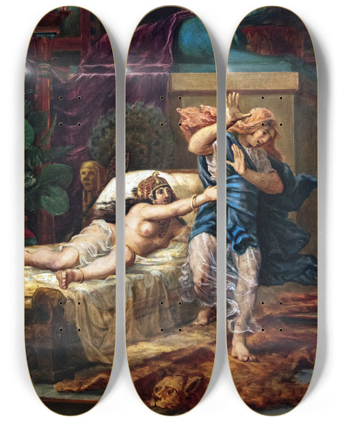 Triptych art skateboard deck of Jeanbaptiste Cariven Potiphars Wife Grabbing Joseph by Jean-Baptiste Cariven (1843-1904)