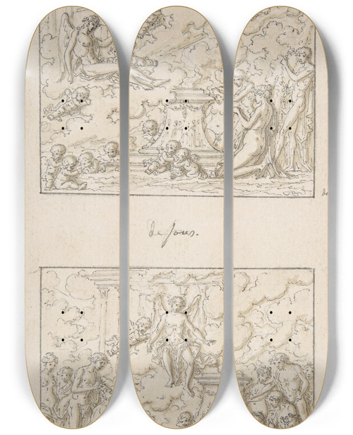 Triptych art skateboard deck of Louisfelix De La Rue Designs For The Top And Bottom Of A Small Rectangular Box by Louis-Felix de La Rue (1731-1765)