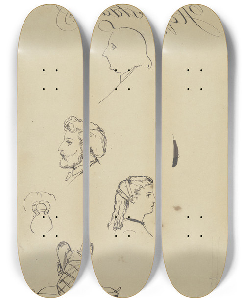 Triptych art skateboard deck of Albert Hendschel Studienblatt Mit Kpfen Oben Johann David Passavant Darunter Julius Hamel by Albert Hendschel (1834-1883)