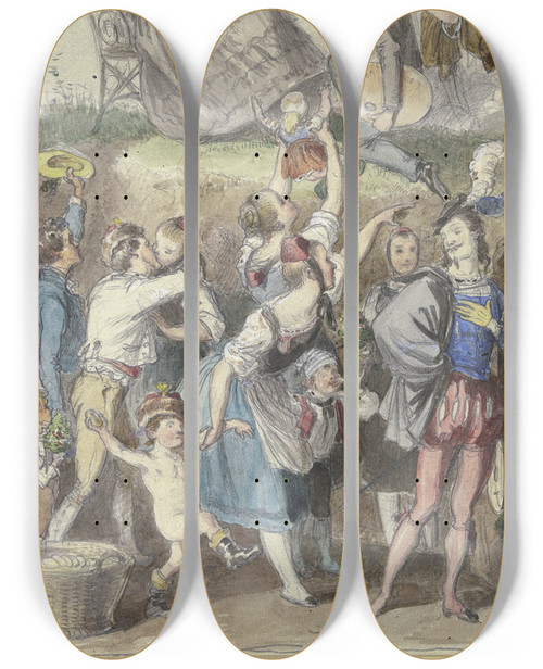 Triptych art skateboard deck of Albert Hendschel Bekrnzung Eines Knstlers Unterhalb Viel Volk_1 by Albert Hendschel (1834-1883)