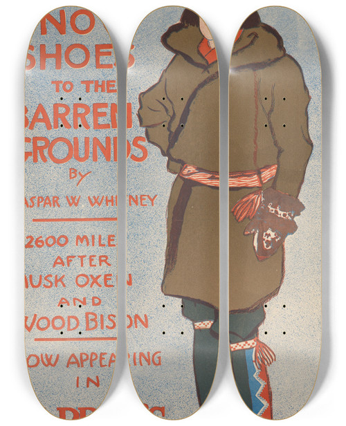 Triptych art skateboard deck of Edward Penfield On Snowshoes To The Barren Grounds By Caspar Whitney by Edward Penfield (1866-1925)