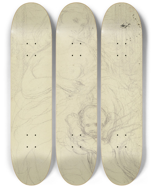 Triptych art skateboard deck of Victor Mller Weiblicher Halbakt Einen Vor Ihm Stehenden Putto Liebkosend by Victor Muller (1829-1871)